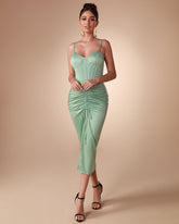 Strappy Satin Corset Ruched Midi Dress